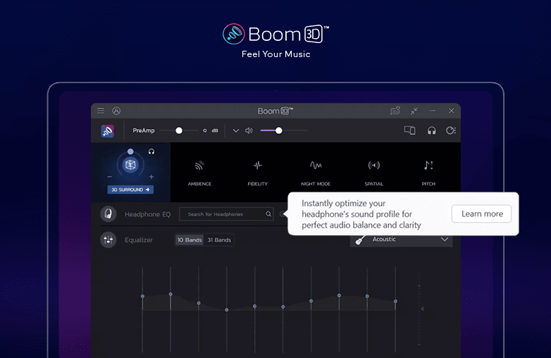 Headphone EQ (Auto EQ) ON in the Boom 3D app