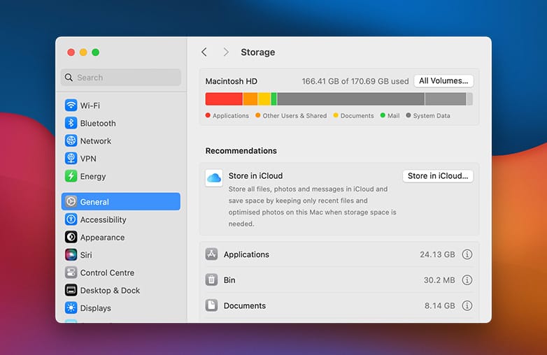 Check system data storage usage on Mac in System Settings