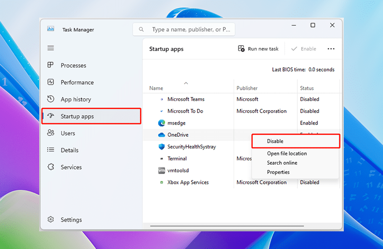 Windows startup apps settings