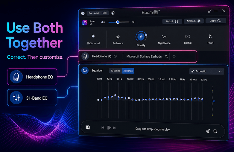 Boom 3D 31-band Graphic EQ and Headphone EQ interface