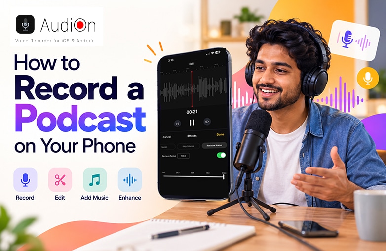 Smartphone setup for recording a podcast with headphones and an audio recording app