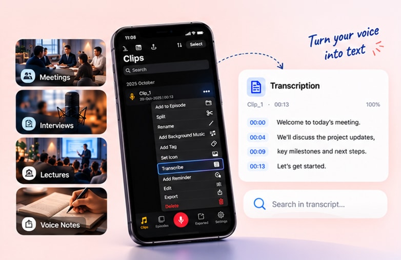 Voice recording and transcription workflow for podcast